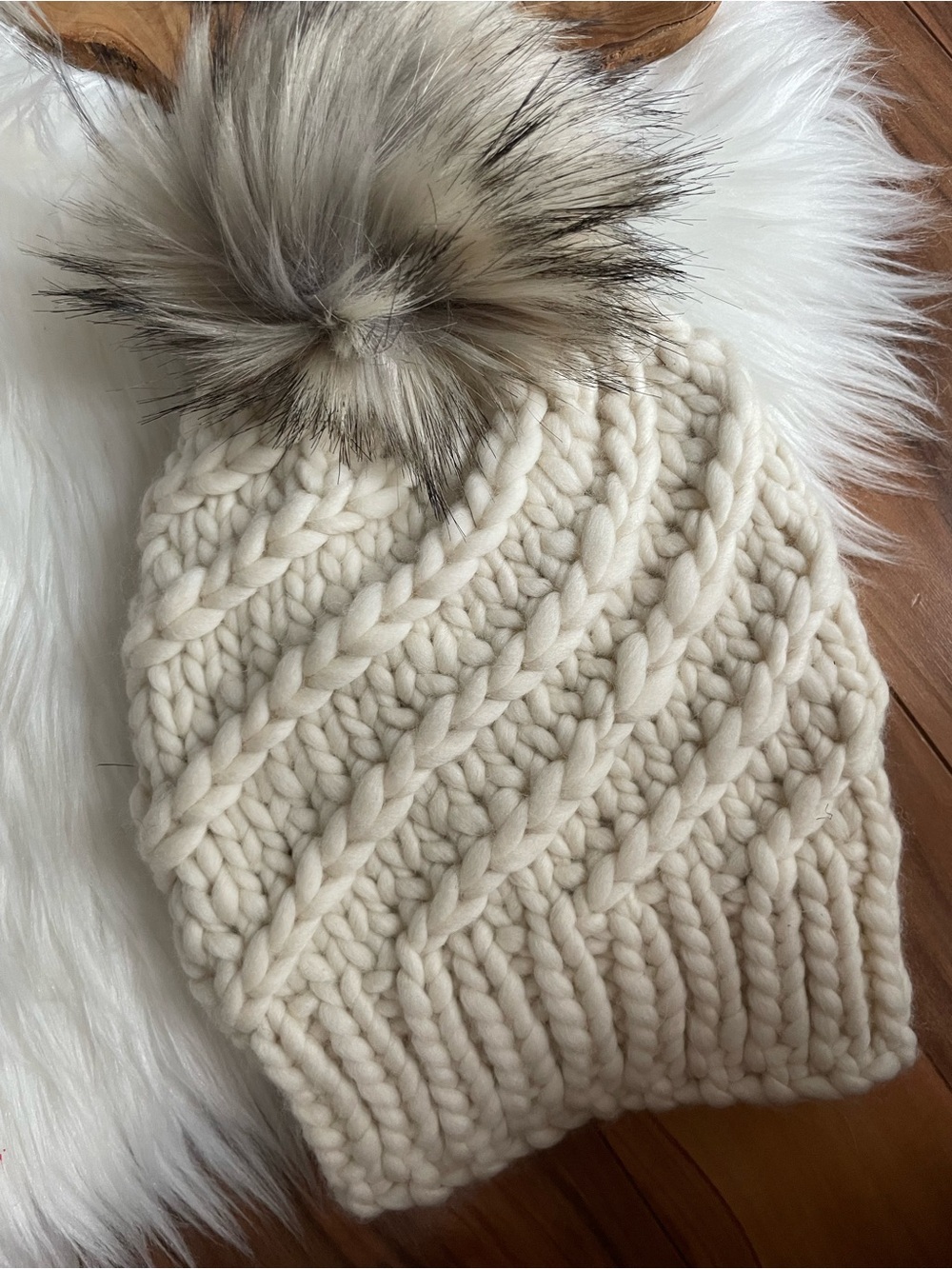 New Hand knitted luxury Pom Beanie - Cream Malabrigo wool super soft women’s S/M